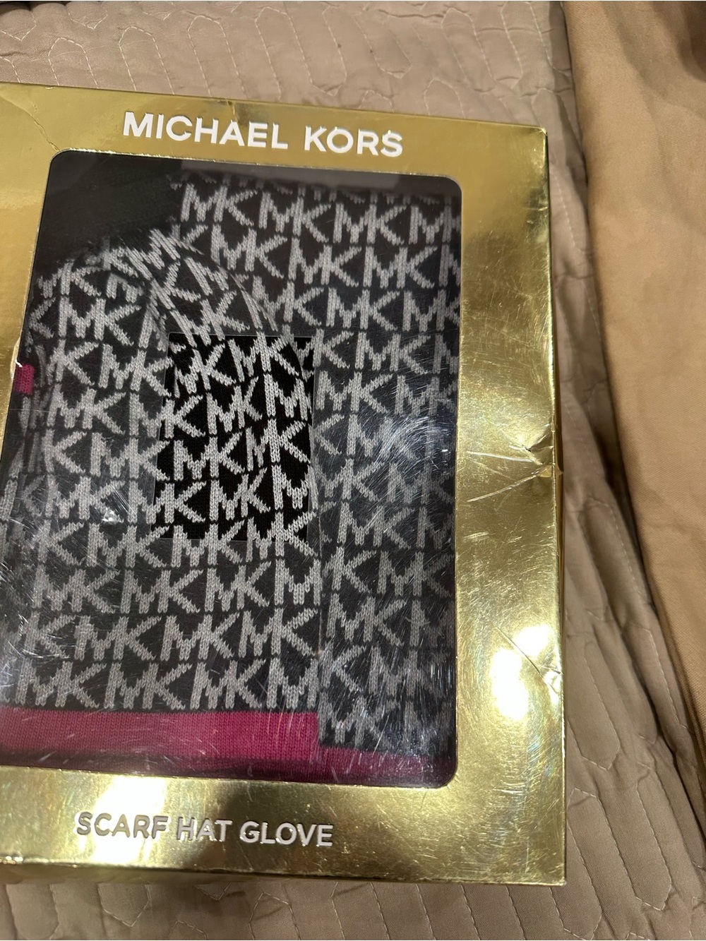 MICHAEL Michael Kors Black & Gray MK Logo Scarf, Hat & Glove Set with Pink Trim